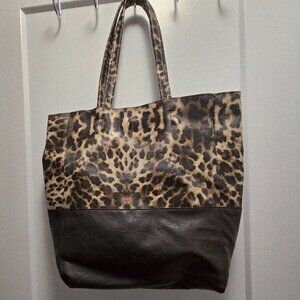 JESSICA Two-Tone Faux Leather Animal Print Tote Bag - Brown/Tan - Size Large
